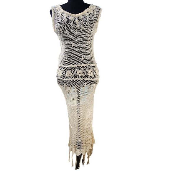 Luxury Stylish Knit Designer Crochet Knitted Maxi Fringes Flowers Dress Tunic NW - Picture 6 of 11